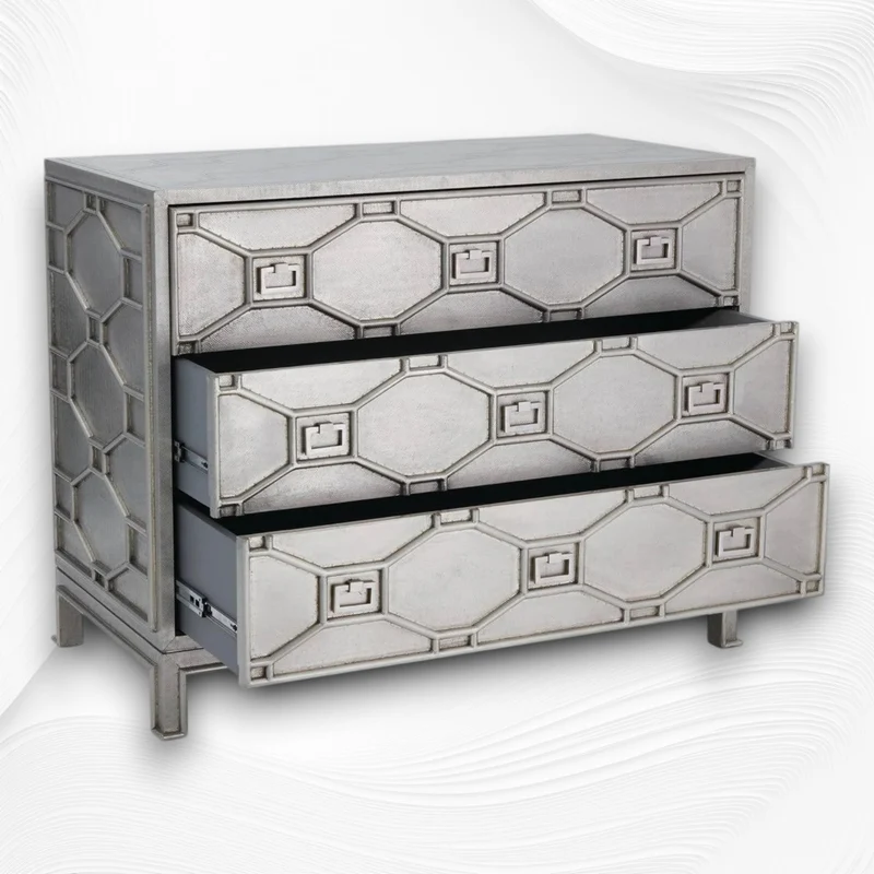 Chatham Hollywood Regency Silver Metal 3 Drawer Dresser
