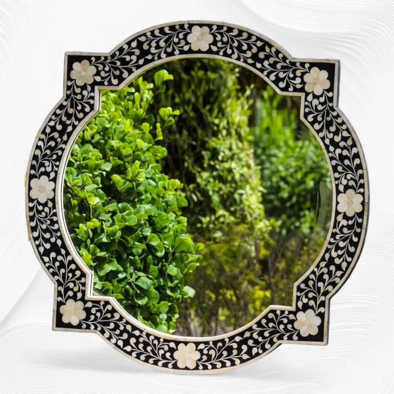 Quatrefoil Floral Bone Inlay Mirror Black