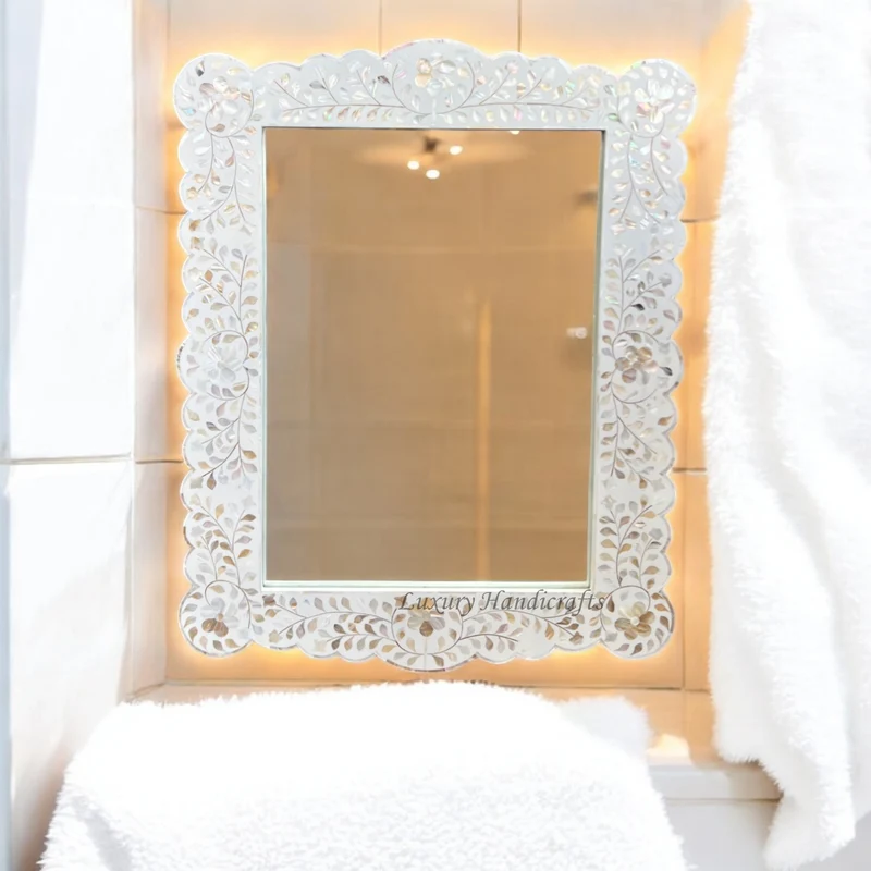 Mother Of Pearl Inlay Scalloped Mirror White
