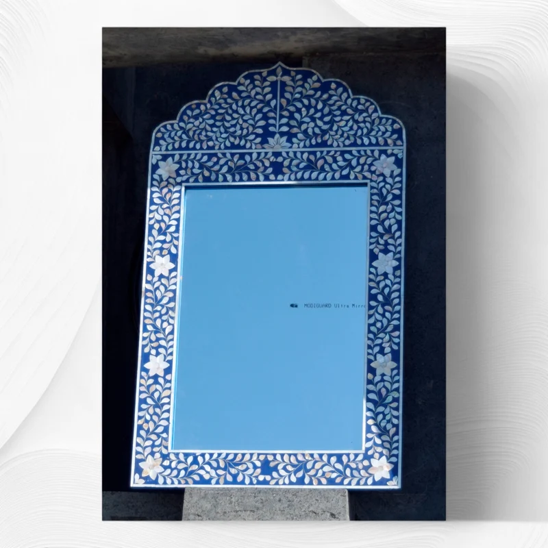 Mother Of Pearl Inlay Floral Crested Mirror Blue