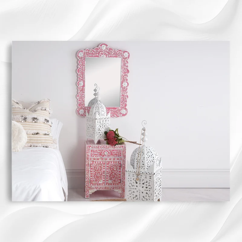 Mother Of Pearl Inlay Scalloped Mirror Pink