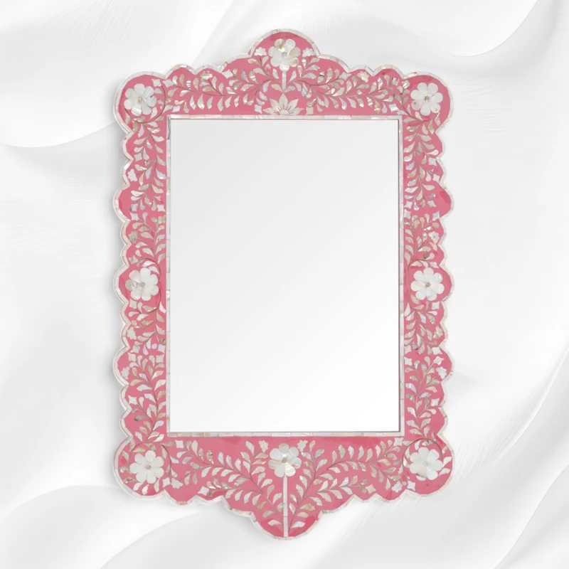 Mother Of Pearl Inlay Scalloped Mirror Pink