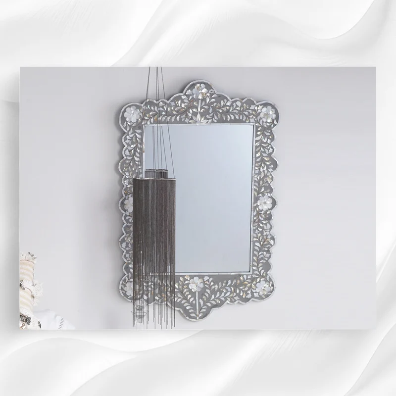Mother Of Pearl Inlay Scalloped Mirror Grey