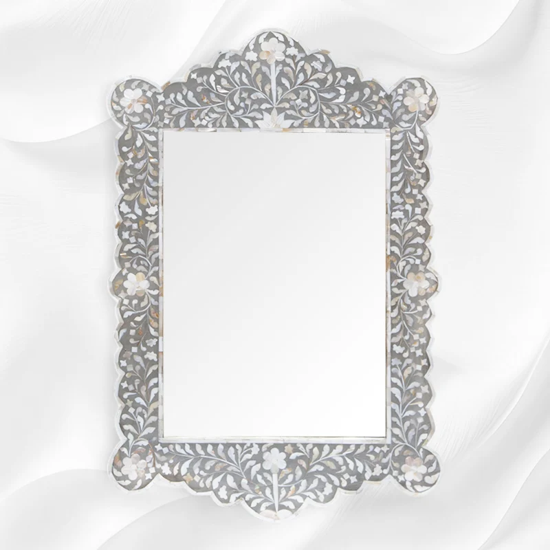 Mother Of Pearl Inlay Scalloped Mirror Grey