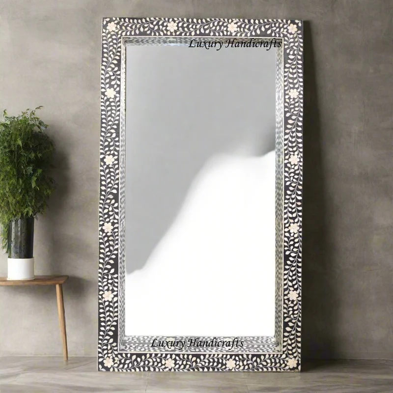 Black Bone Inlay Floral Floor Mirror