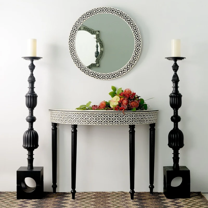 Black Floral Embossed Bone Inlay Mirror Round