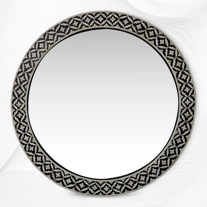 Black Floral Embossed Bone Inlay Mirror Round