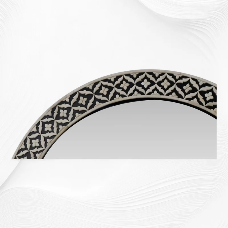 Black Floral Embossed Bone Inlay Mirror Round