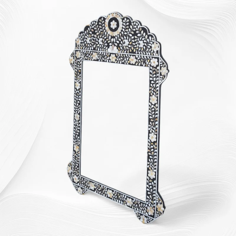 Black Mother Of Pearl Inlay Floral Circle Mirror