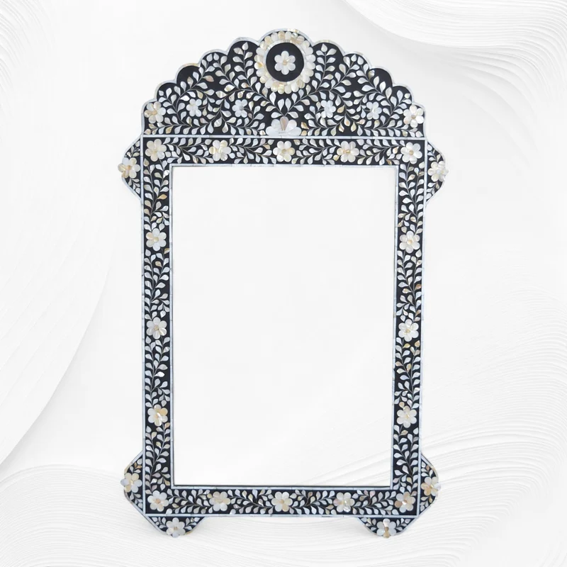 Black Mother Of Pearl Inlay Floral Circle Mirror