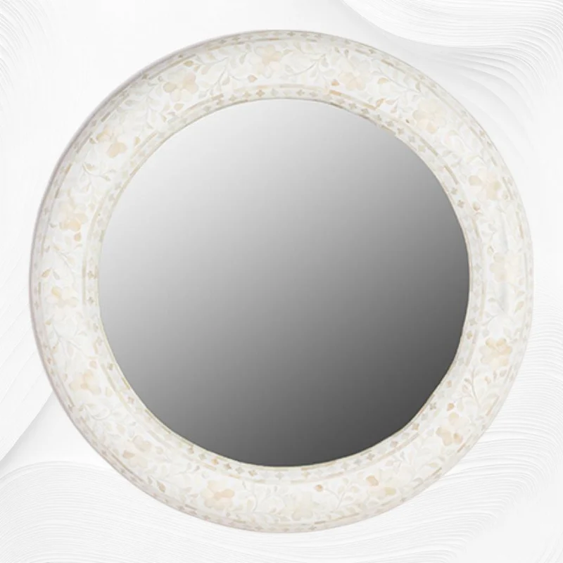 Floral Bone Inlay Round Mirror White