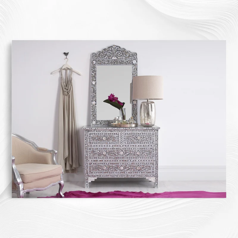 Mother Of Pearl Inlay Floral Crested Mirror Grey