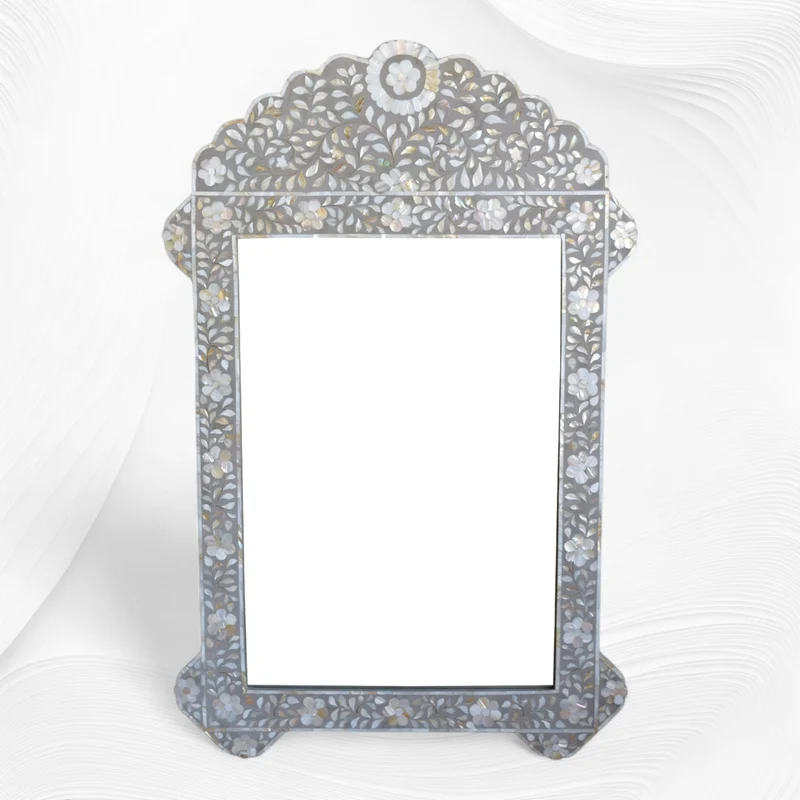 Grey Mother Of Pearl Inlay Floral Circle Mirror