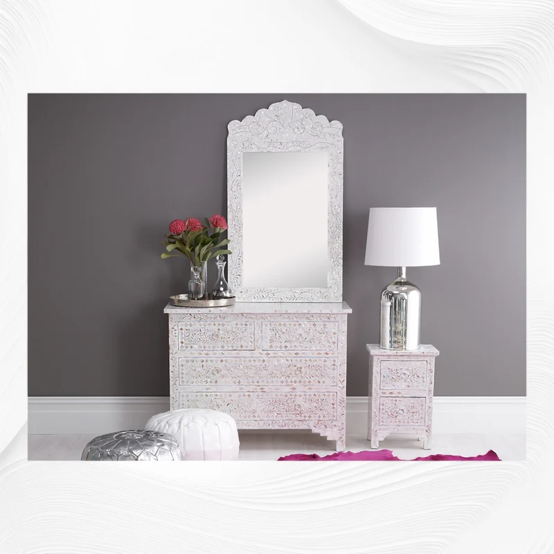 Mother Of Pearl Inlay Floral Crested Mirror White
