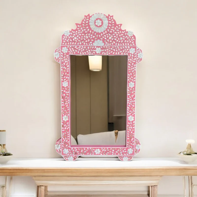 Pink Mother Of Pearl Inlay Floral Circle Mirror