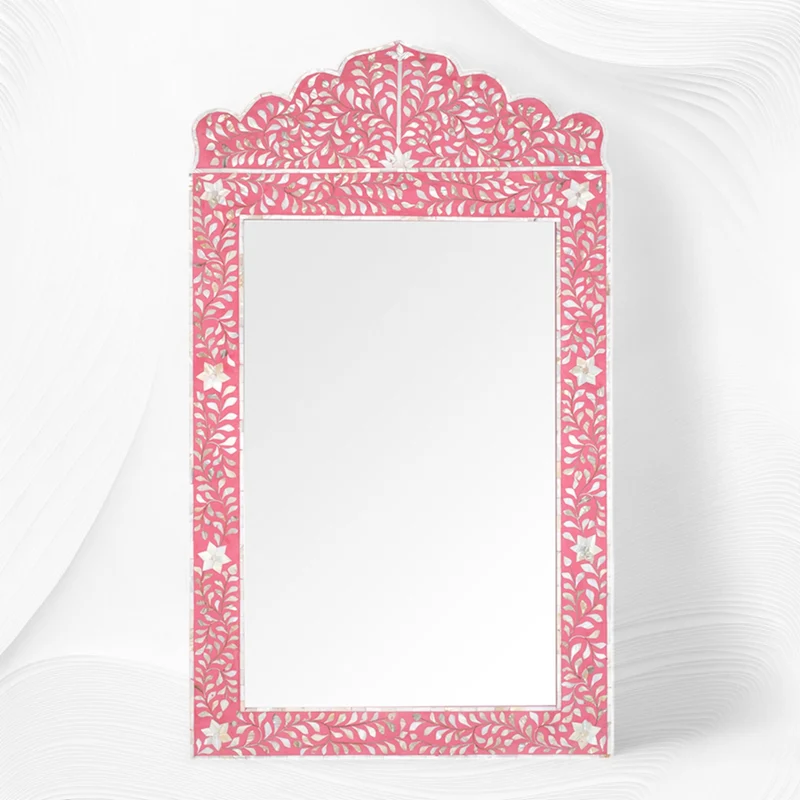 Mother Of Pearl Inlay Floral Crested Mirror Pink
