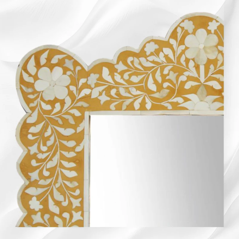 Bone Inlay Floral Scalloped Mirror Yellow