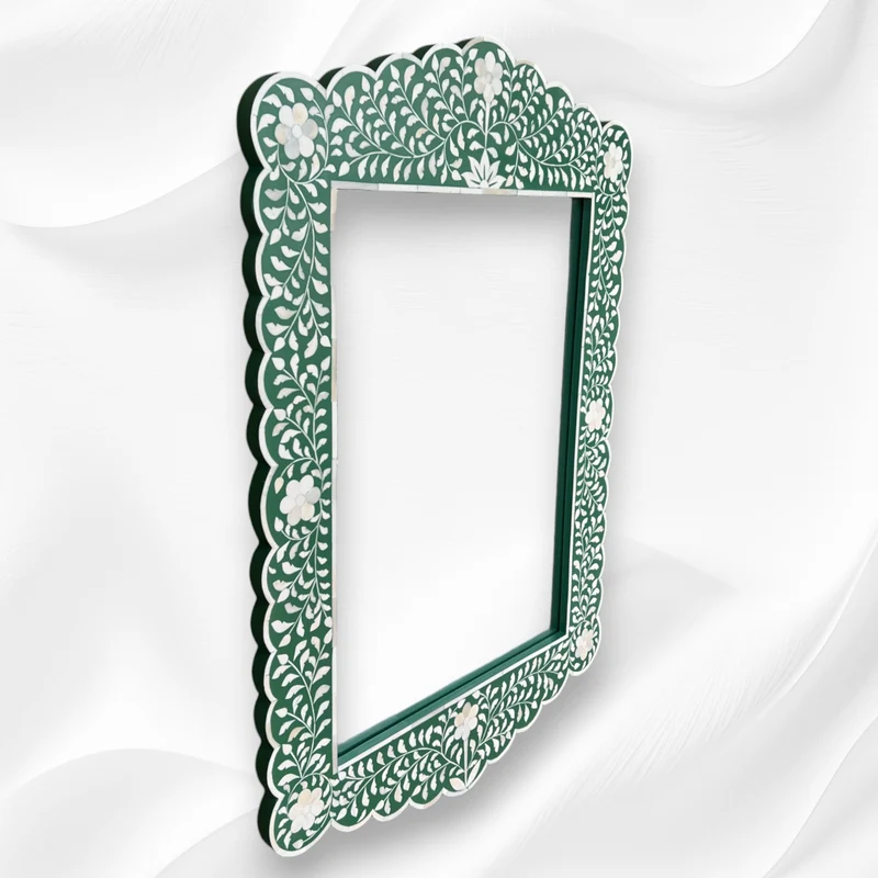 Bone Inlay Floral Scalloped Mirror Green