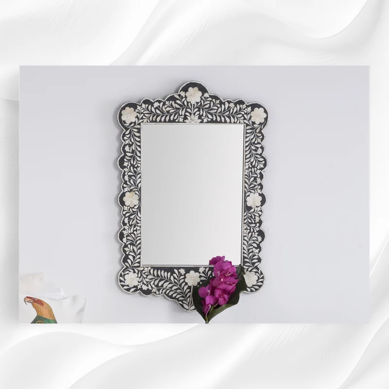 Bone Inlay Floral Scalloped Mirror Black