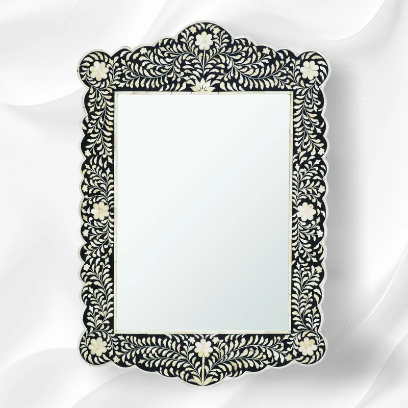 Bone Inlay Floral Scalloped Mirror Black