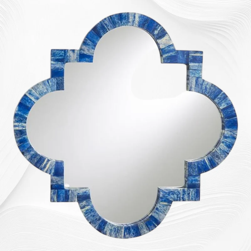 Quatrefoil Colored Bone Inlay Mirror Dark Blue
