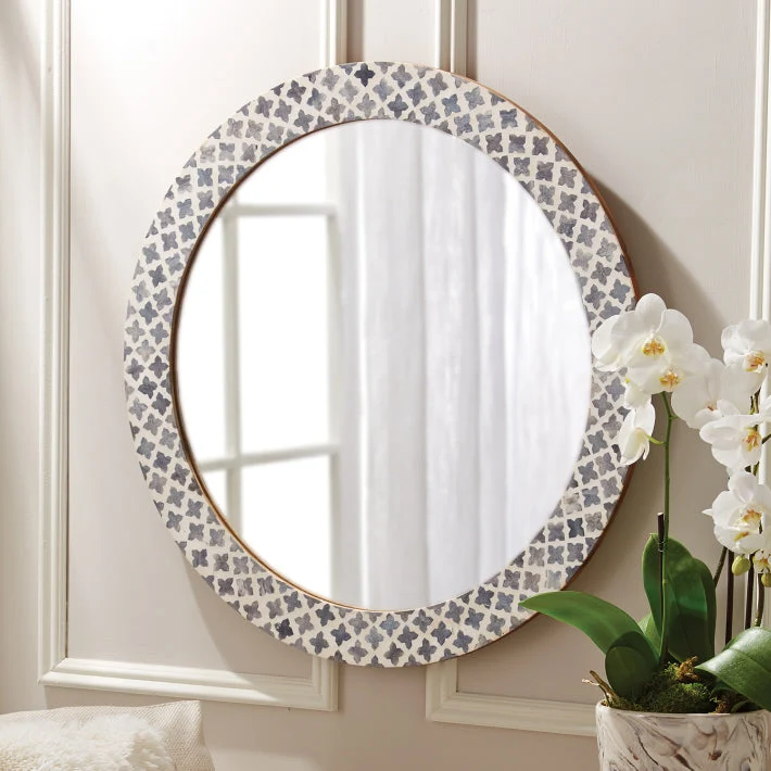 Quatrefoil Colored Bone Inlay Round Mirror Grey