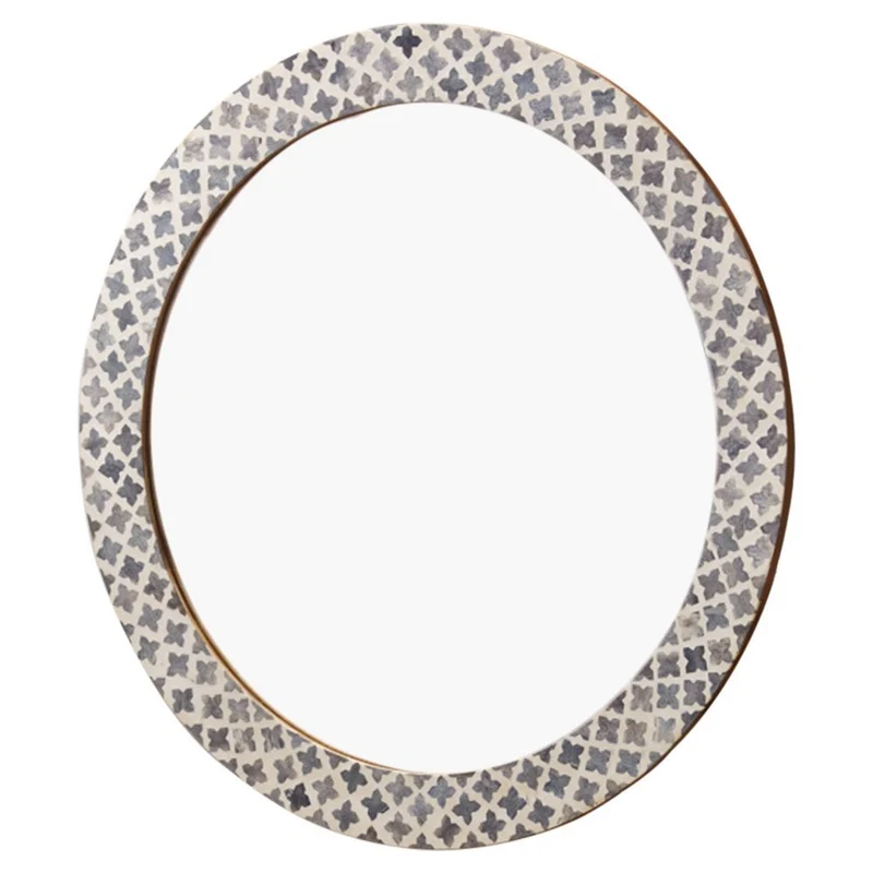 Quatrefoil Colored Bone Inlay Round Mirror Grey