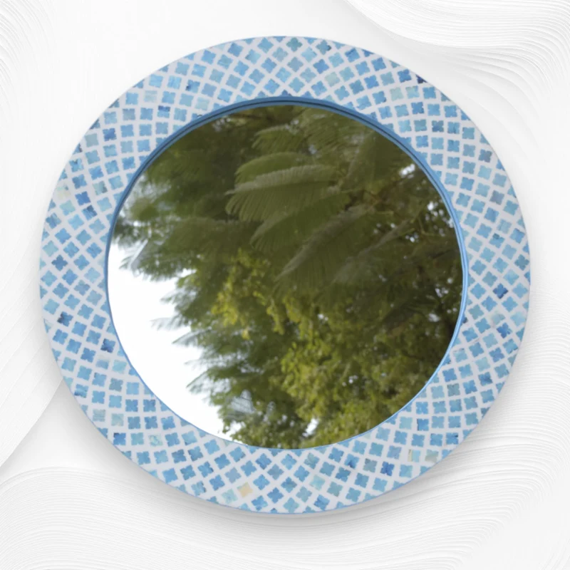 Quatrefoil Colored Bone Inlay Round Mirror Blue