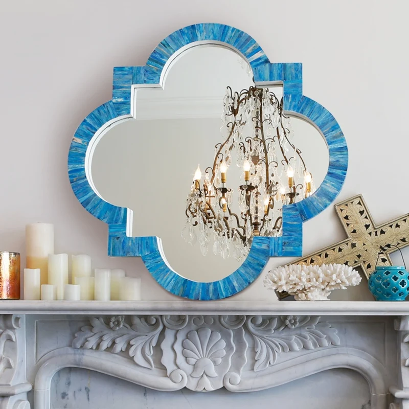 Quatrefoil Colored Bone Inlay Mirror Ocean Blue
