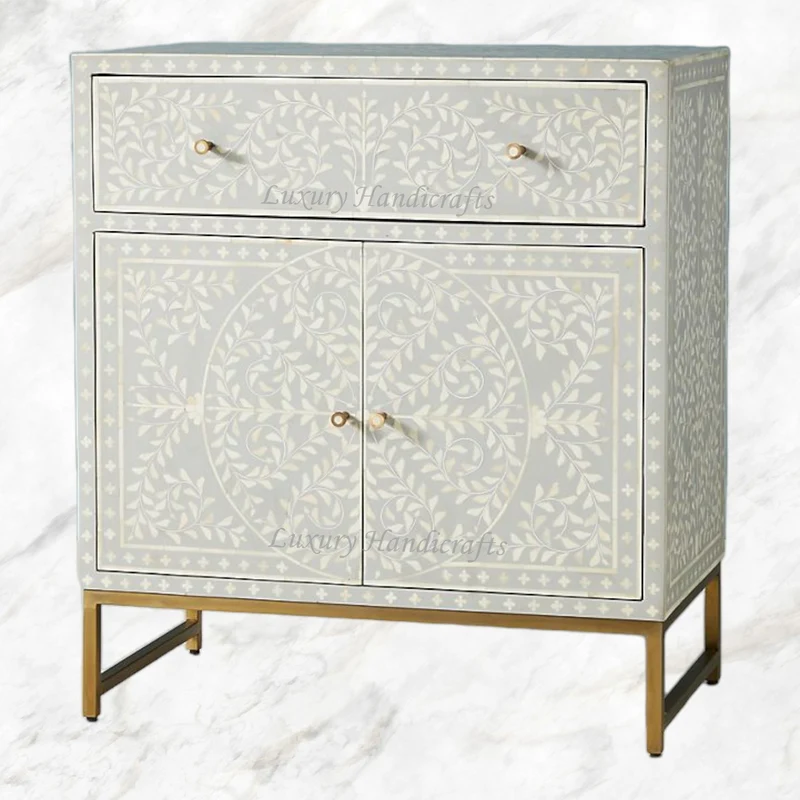 Scroll Vine Bone Inlay Entryway Cabinet Grey