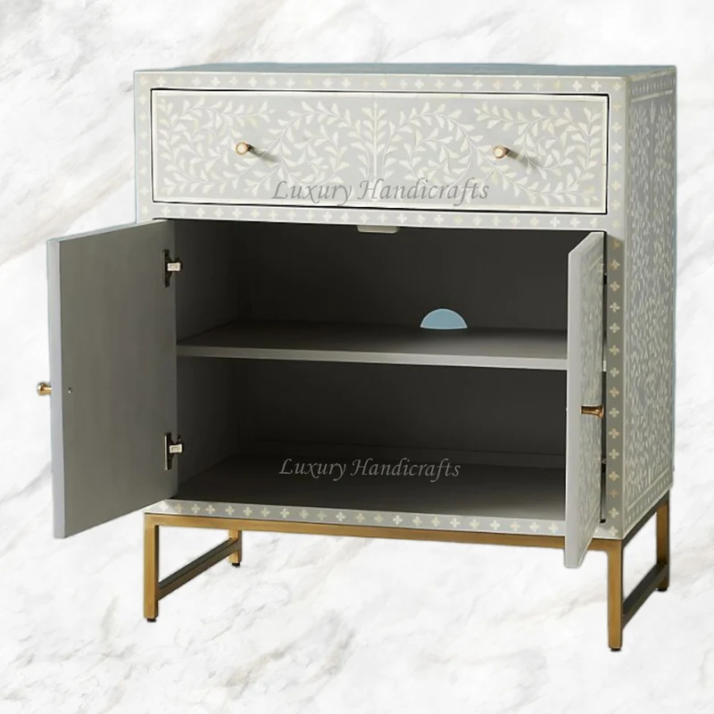 Scroll Vine Bone Inlay Entryway Cabinet Grey