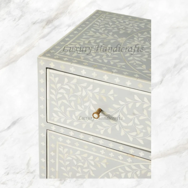 Scroll Vine Bone Inlay Entryway Cabinet Grey
