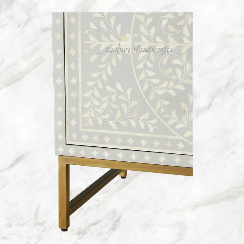 Scroll Vine Bone Inlay Entryway Cabinet Grey