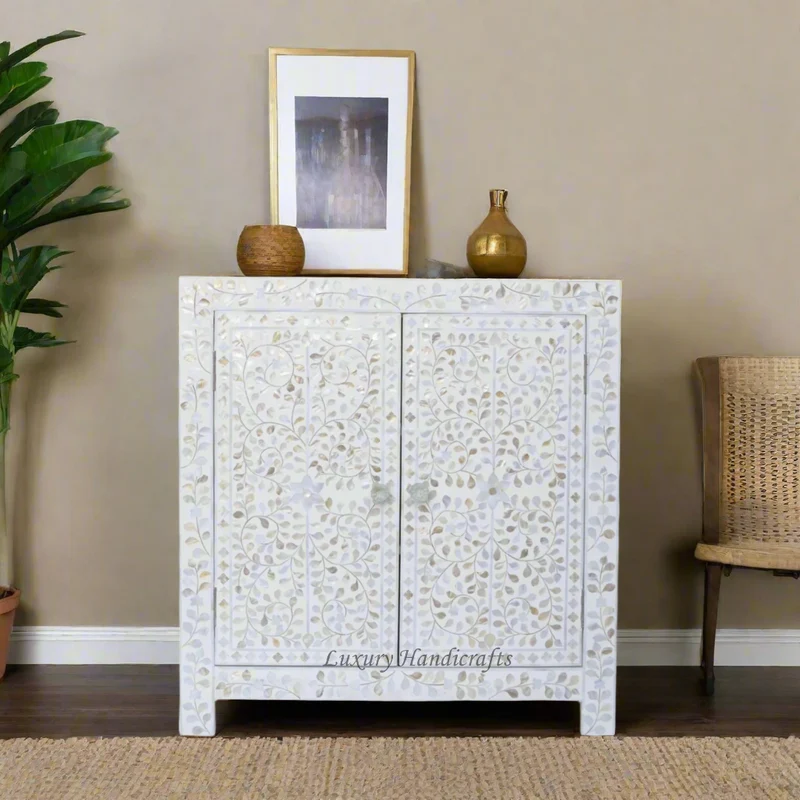 MOP Inlay Floral 2 Door Cabinet White | White Mother of pearl Chest of Drawers