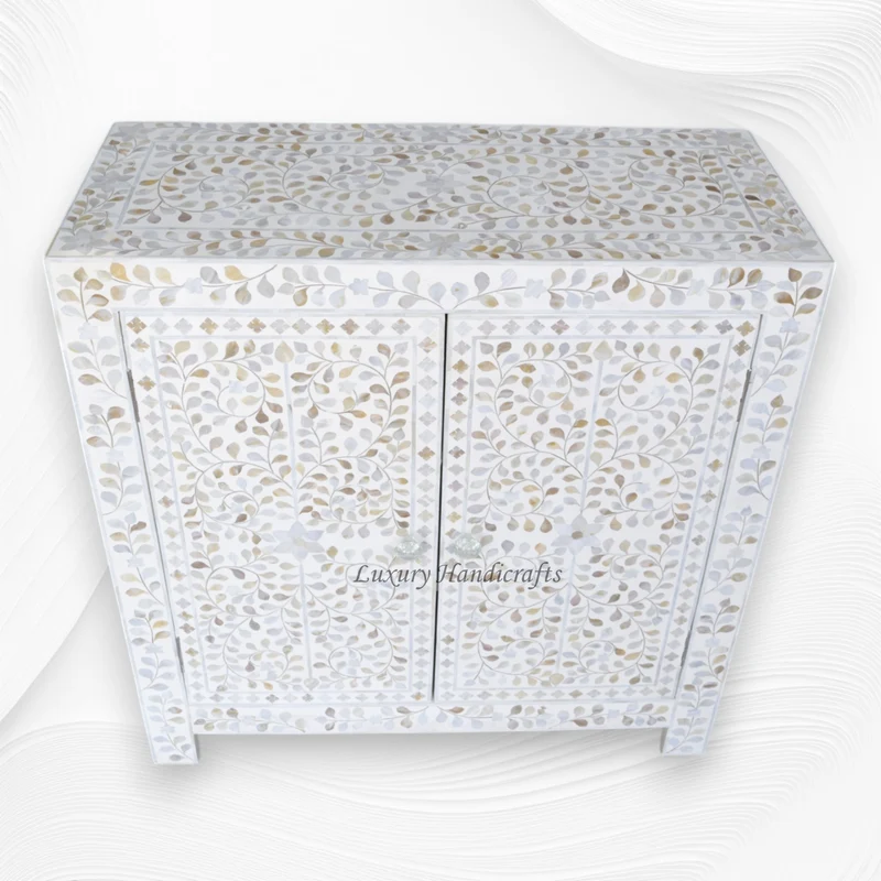 MOP Inlay Floral 2 Door Cabinet White | White Mother of pearl Chest of Drawers