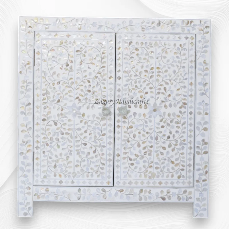 MOP Inlay Floral 2 Door Cabinet White | White Mother of pearl Chest of Drawers