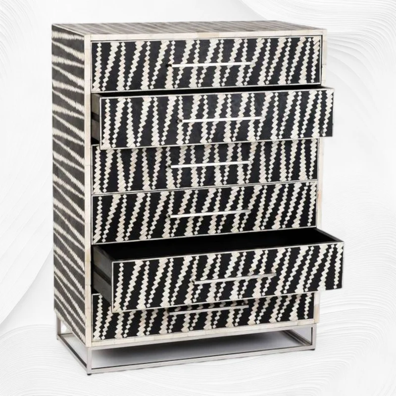 Malawi Bone Inlay 6 Drawer Tallboy Black