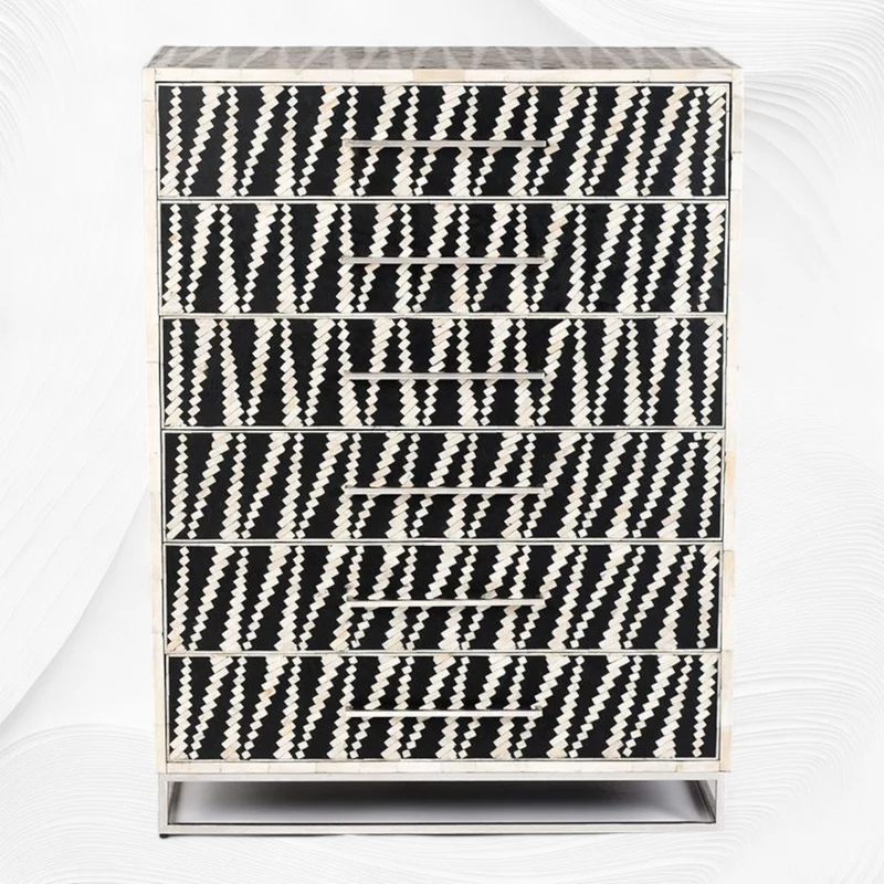 Malawi Bone Inlay 6 Drawer Tallboy Black