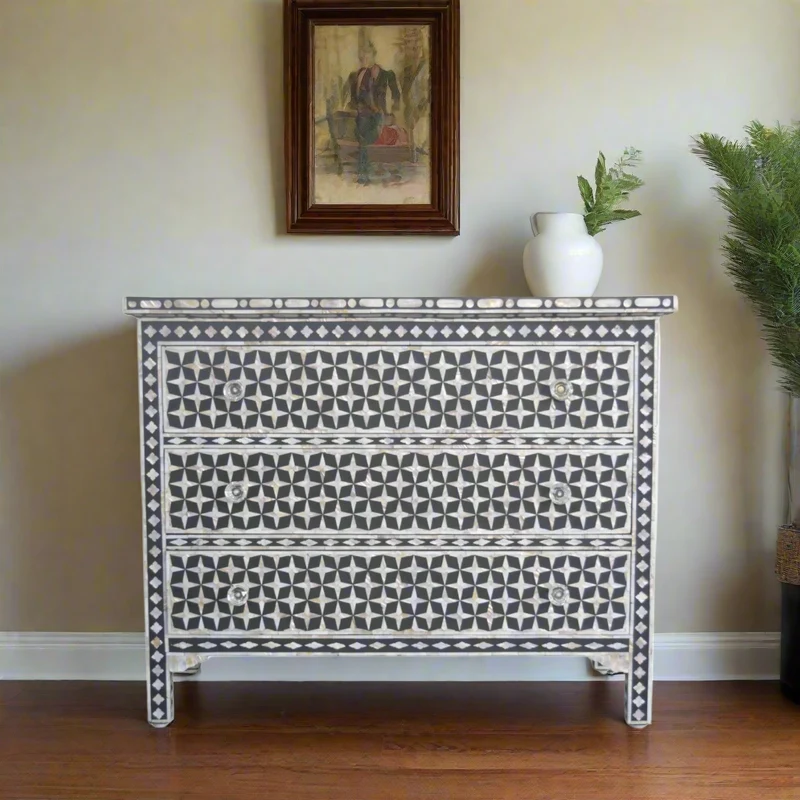 Star Mother of Pearl Inlay Chest Of 3 Drawers Black