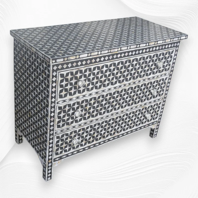 Star Mother of Pearl Inlay Chest Of 3 Drawers Black