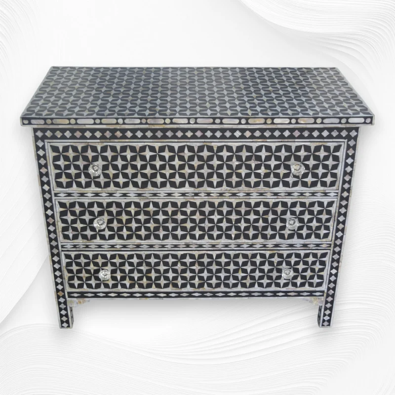Star Mother of Pearl Inlay Chest Of 3 Drawers Black