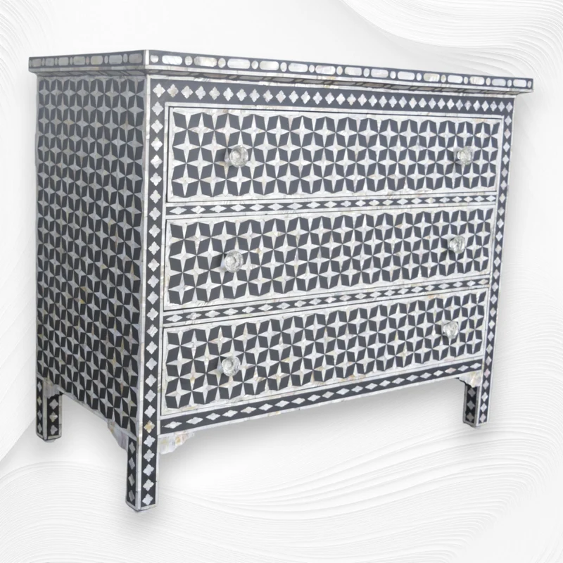 Star Mother of Pearl Inlay Chest Of 3 Drawers Black