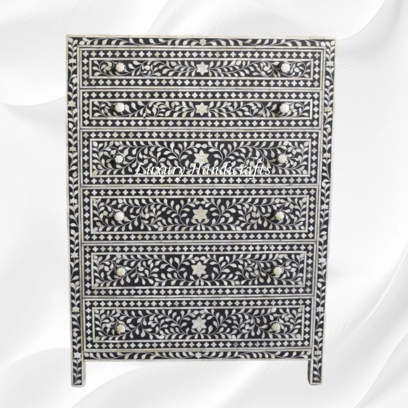 Bone Inlay 6 Drawer Chest Floral Design Black