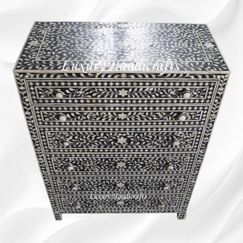 Bone Inlay 6 Drawer Chest Floral Design Black