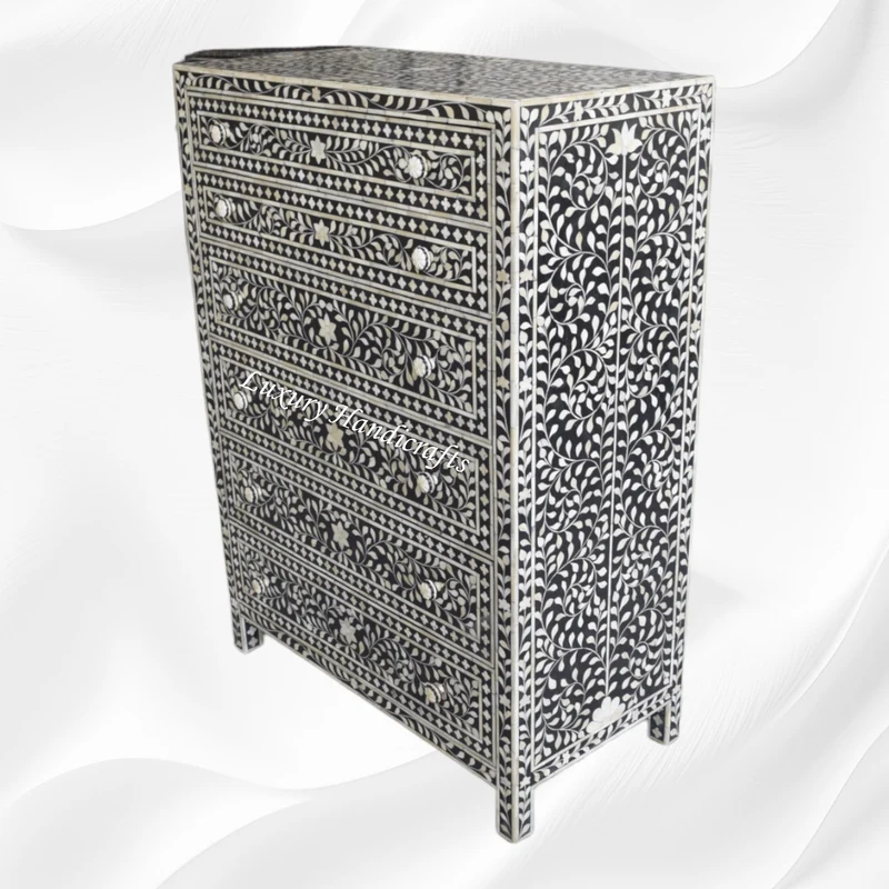 Bone Inlay 6 Drawer Chest Floral Design Black
