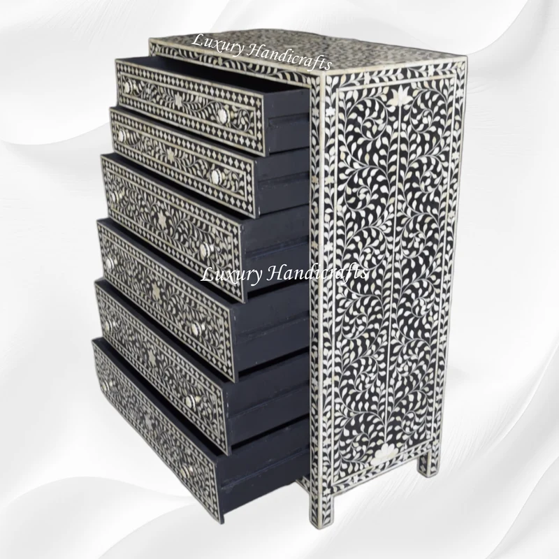 Bone Inlay 6 Drawer Chest Floral Design Black