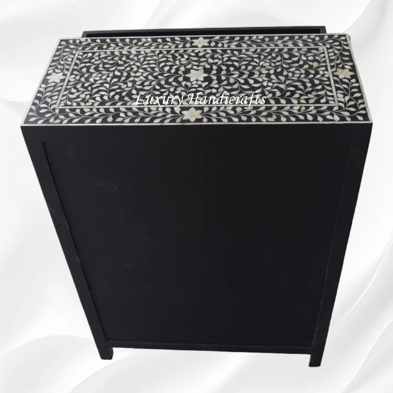 Bone Inlay 6 Drawer Chest Floral Design Black