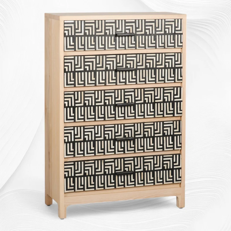 Pattern Bone Inlay 5 Drawer Chest Black