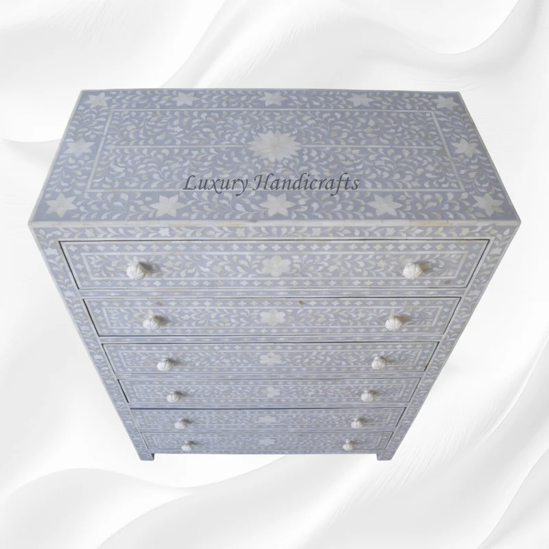 Bone Inlay 6 Drawer Chest Floral Design Dove Grey