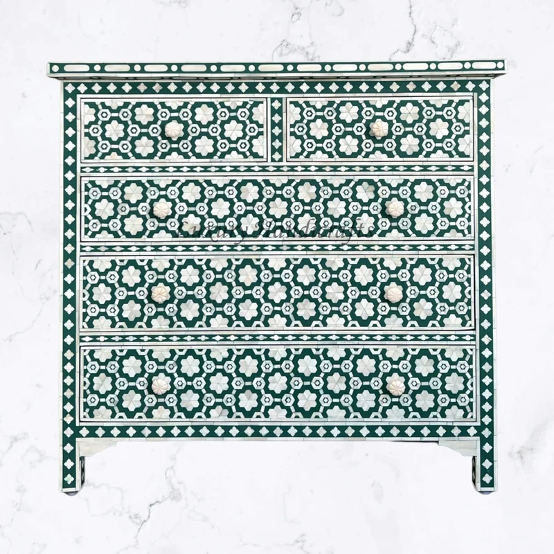 Flower Bone Inlay 5 Drawer Chest Teal Green